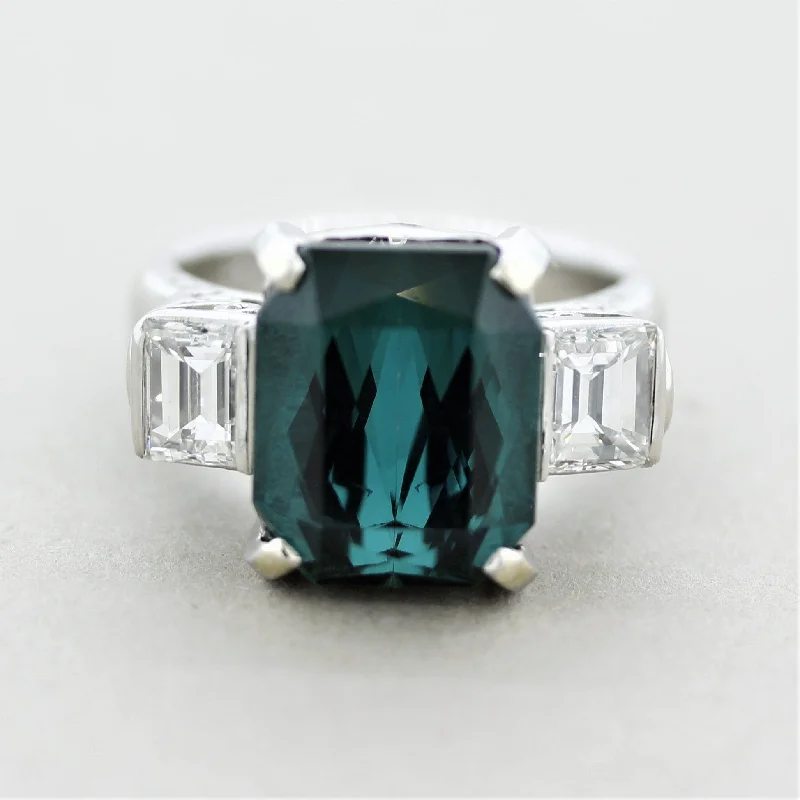 Sapphire gem rings-Fine Indicolite Tourmaline Diamond Platinum 3-Stone Ring