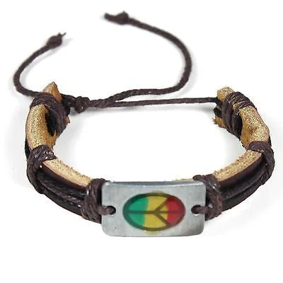 Quirky bead bangles-Rasta Leather Peace Sign Bracelet Friendship Bracelet Hippie Hobo Reggae PEACE