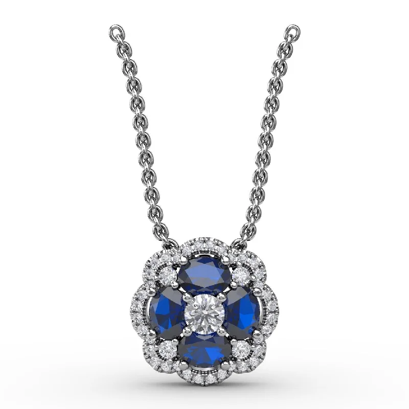 Sapphire & Diamond Cluster Necklace in 14K White Gold