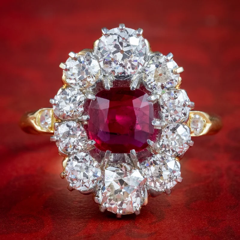 Braided motif rings-Antique Victorian Ruby Diamond Cluster Ring 1.15ct Ruby With Cert