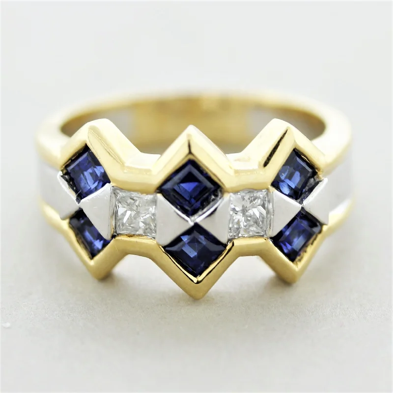 Flat band rings-Sapphire Diamond Two-Tone Gold Ring