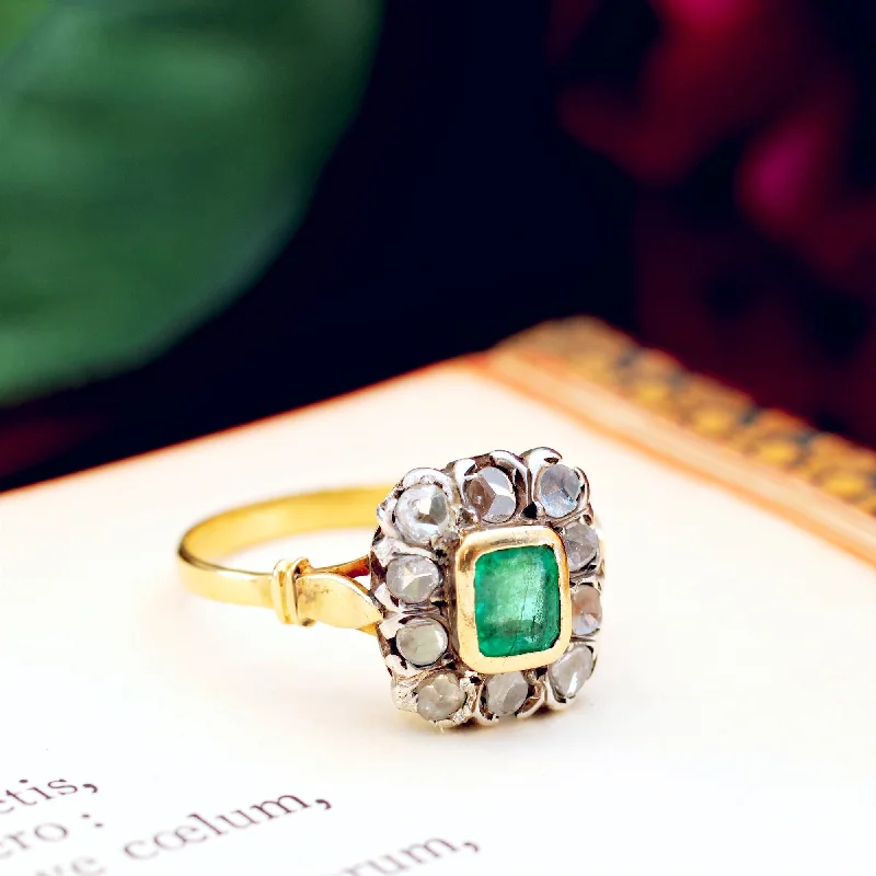 Light accent rings-Vintage Emerald & Rose Cut Diamond Cluster Ring