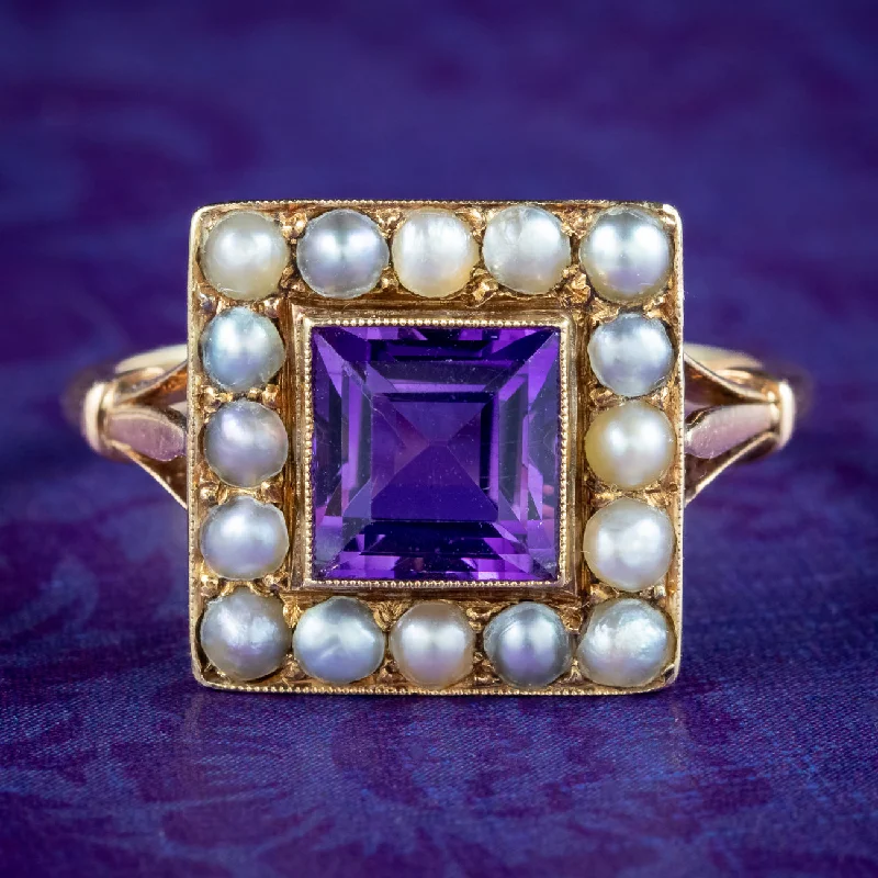 Quartz inlay rings-Antique Victorian Amethyst Pearl Cluster Ring 1.8ct Amethyst