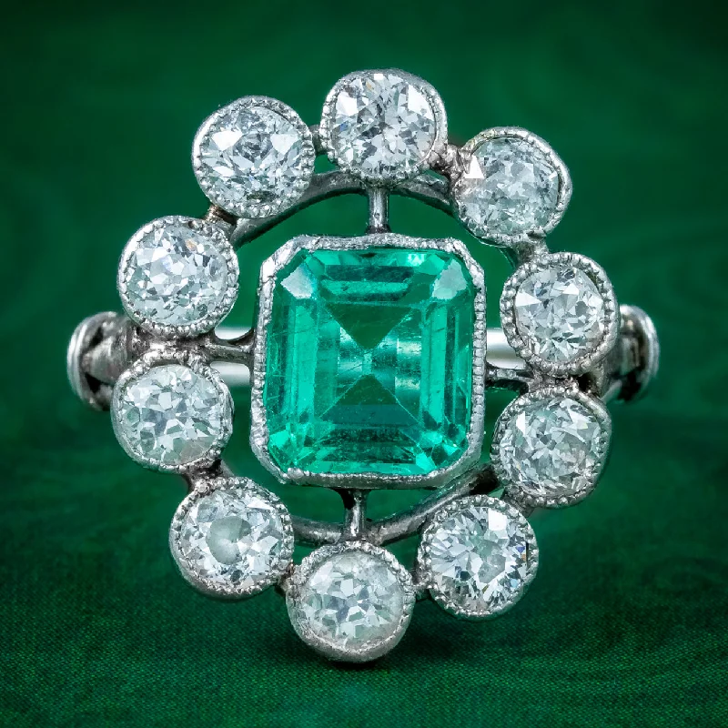 Sleek band rings-Antique Art Deco Emerald Diamond Cluster Ring 1.7ct Emerald