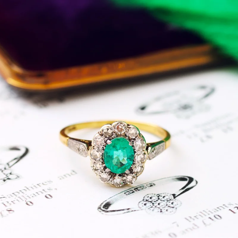 Topaz stone rings-Vintage Floral Emerald & Diamond Cluster Ring