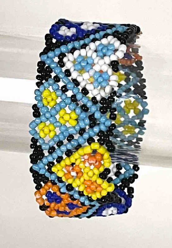 Glossy cuff bangles-Small bead wide woven floral design beaded bracelet - Togo