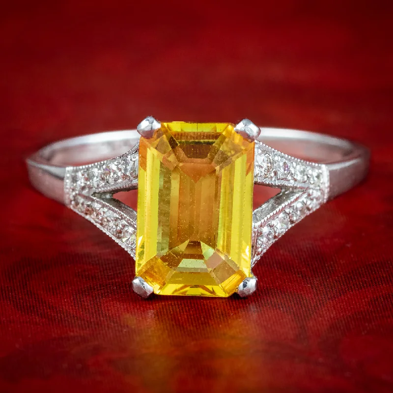 Etched monogram rings-Art Deco Style Yellow Sapphire Diamond Ring 1.8ct Sapphire