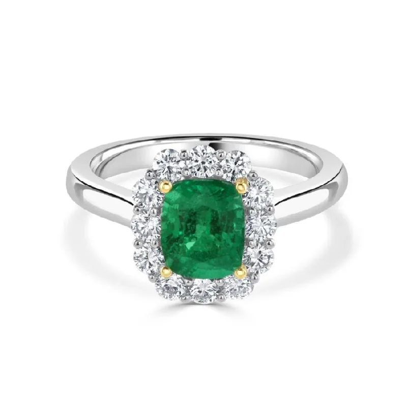 Alloy metal engagement rings-Platinum & 18ct Yellow Gold Cushion Cut Emerald & Diamond Halo Cluster Ring