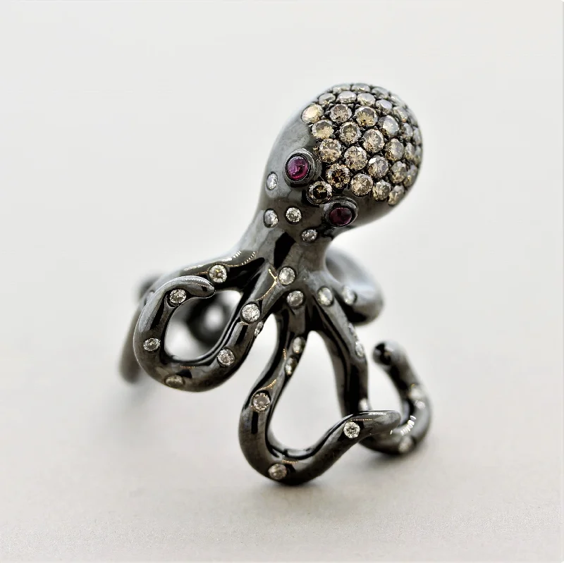 Curved gem rings-Diamond Ruby Gold & Rhodium Octopus Ring