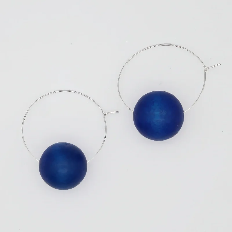 Curved art earrings-Blue Ball Hoop Dangle Earring