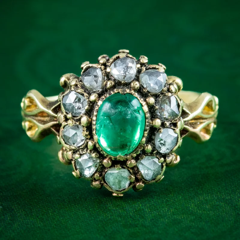 Tide motif rings-Antique Georgian Emerald Diamond Cluster Ring