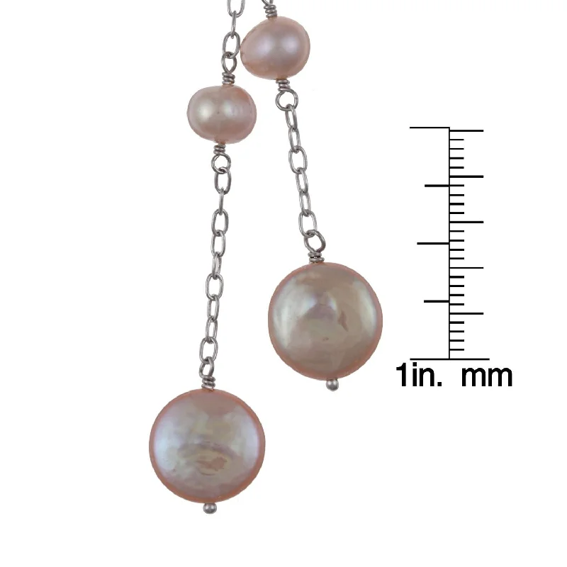 DaVonna Silver Pink Freshwater Round and Coin Pearl Tin Cup Necklace (4-14 mm)