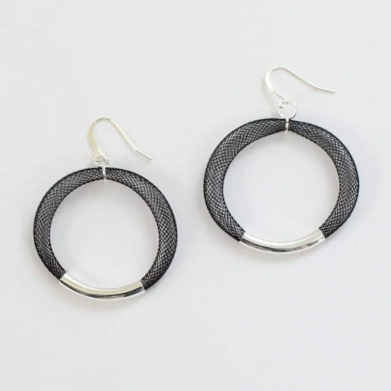 Aged bronze earrings-Black Mesh Hoop Earring Silver