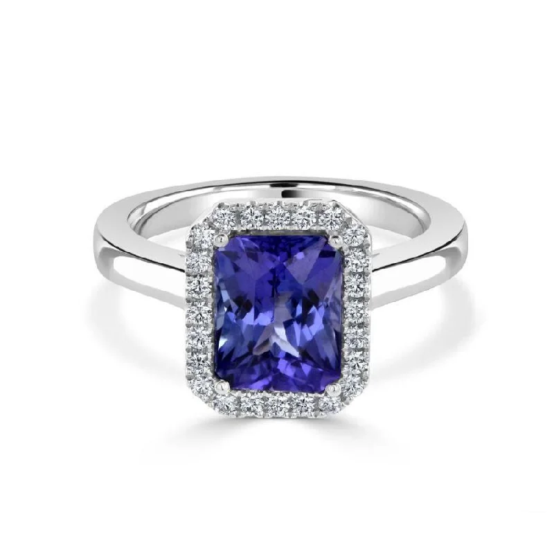 Rustic lock engagement rings-18ct White Gold Octagonal Cut Tanzanite & Diamond Halo Cluster Ring