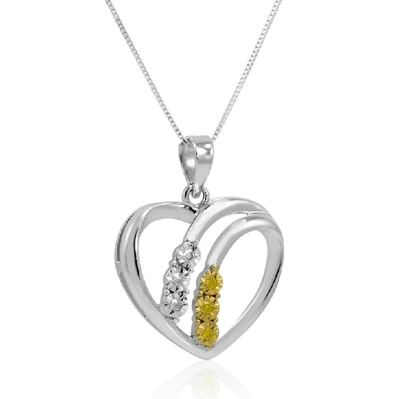 Amanda Rose Collection Yellow and White Diamond Heart Pendant Necklace in Sterling Silver