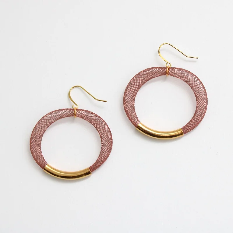 Curved art earrings-Burgundy Mesh Hoop Earring Gold