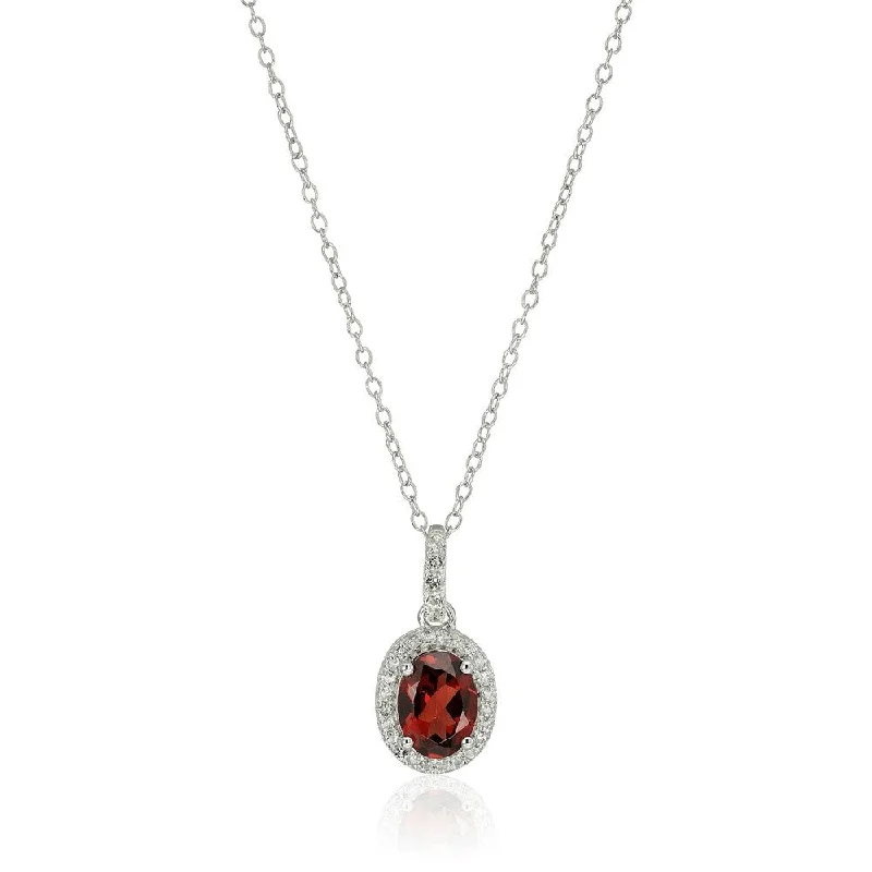 Sterling Silver Oval Garnet and White Topaz Pendant Necklace, 18"