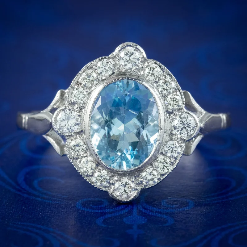 Tiny dot rings-Art Deco Style Aquamarine Diamond Ring 1.6ct Aqua