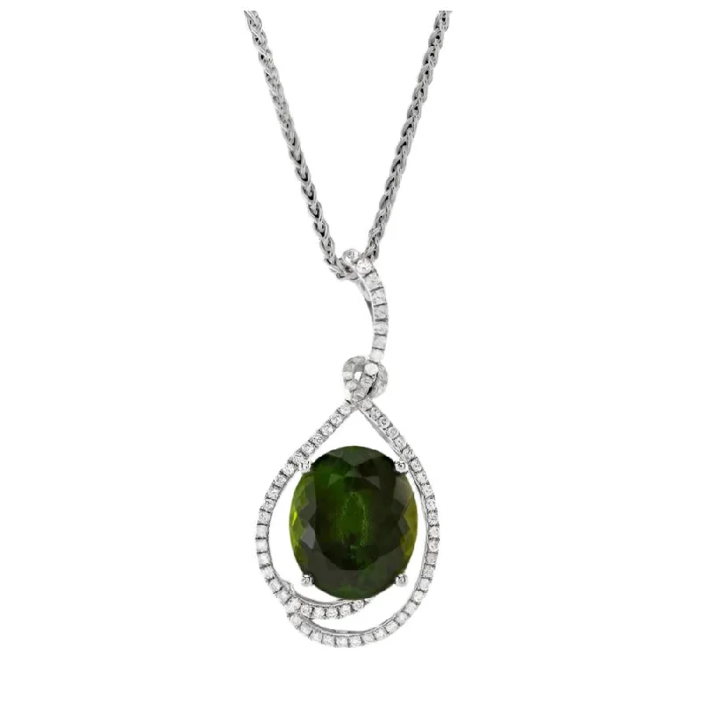 Glittering crystal engagement rings-18ct White Gold Oval Cut Green Tourmaline & Diamond Pendant & Chain