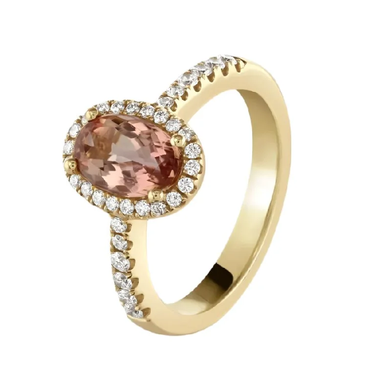 Spiral gem engagement rings-18ct Rose Gold Oval Cut Imperial Topaz & Diamond Halo Cluster Ring with Diamond Shoulders