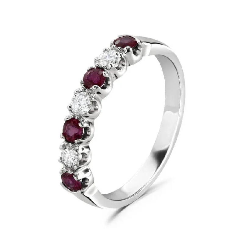 Polished bead engagement rings-18ct White Gold Round Cut Ruby & Diamond 7-Stone Half Eternity Ring