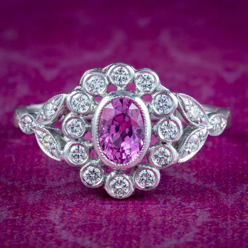 Wide gold rings-Edwardian Style Pink Sapphire Diamond Daisy Cluster Ring 0.60ct Sapphire