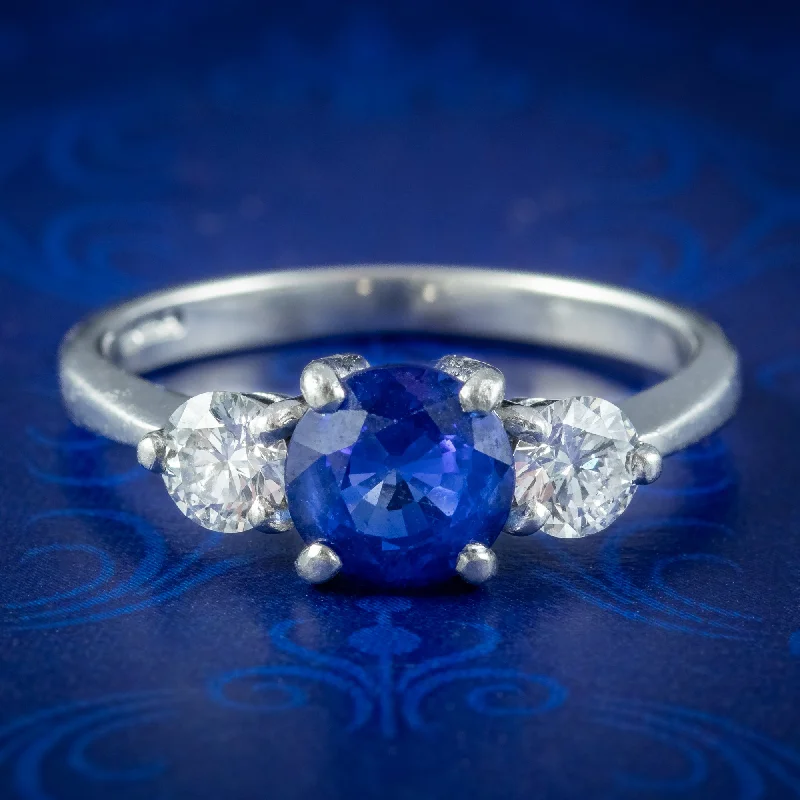 Faith charm rings-Edwardian Style Sapphire Diamond Trilogy Ring 1.5ct Sapphire