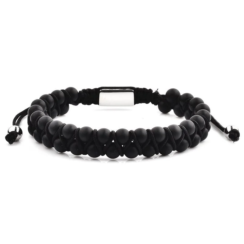 Loop charm bangles-CRUCIBLE MEN'S MATTE BLACK AGATE STONE BEADED ADJUSTABLE BRACELET