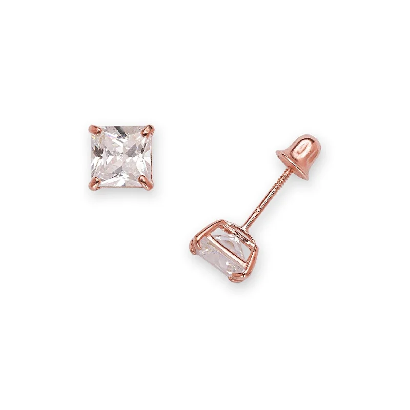 Fine bead earrings-Curata 14k Rose Gold 5 mm Princess-cut Square Cubic Zirconia Screw-back Stud Earring - Pink