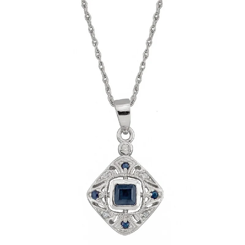 Viducci 10k White Gold Vintage Style Sapphire and Diamond Necklace - Blue