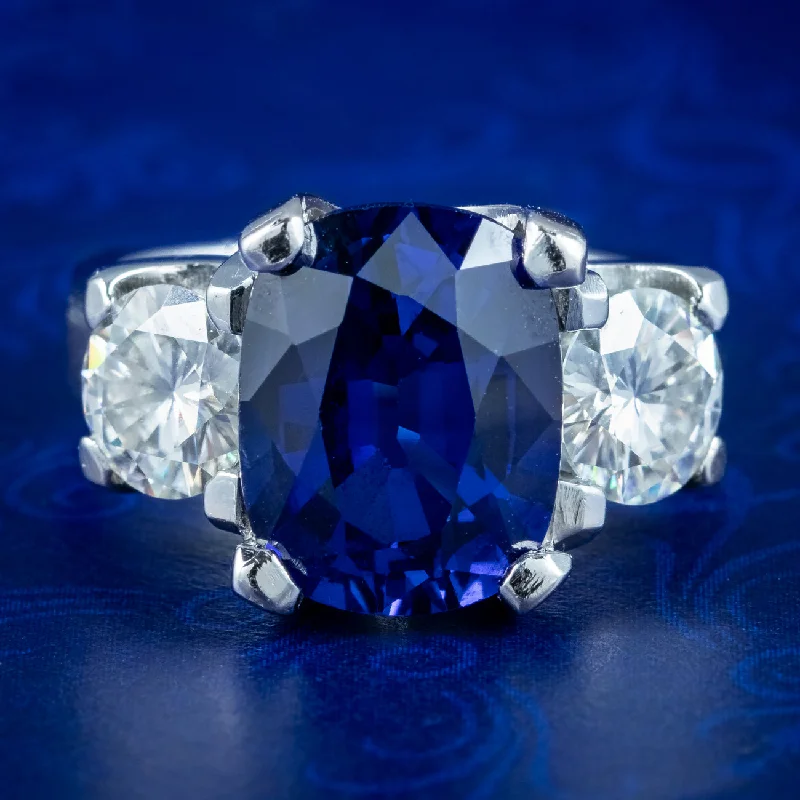 Polished stone rings-Art Deco Style Sapphire Moissanite Trilogy Ring 6ct Lab Created Sapphire