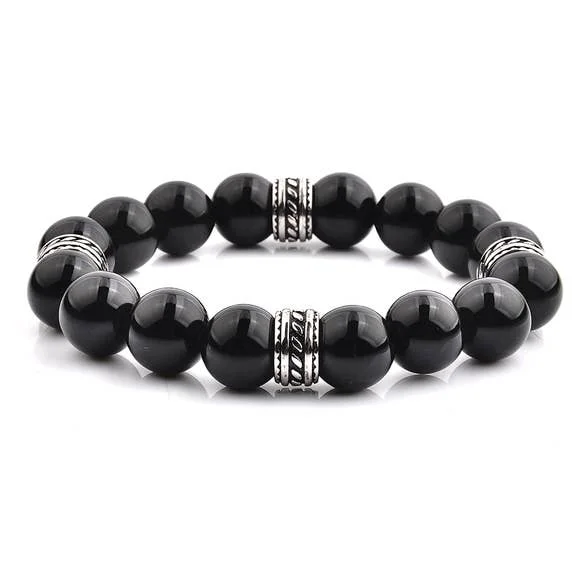 Layered chain bangles-CRUCIBLE STAINLESS STEEL POLISHED ONYX TRIBAL BEADED STRETCH BRACELET (12MM)