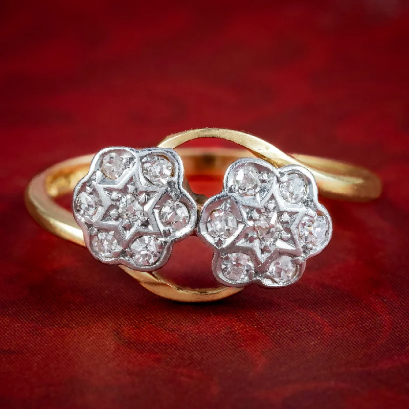 Worn lock rings-Antique Edwardian Diamond Toi Et Moi Flower Ring Dated 1915