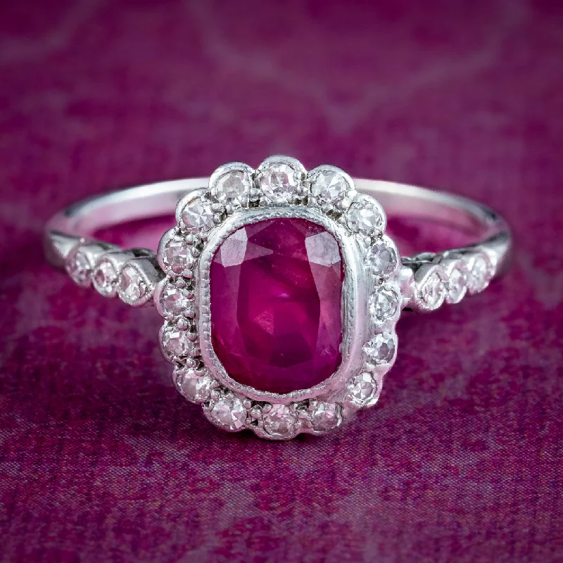 Wide band rings-Antique Edwardian Ruby Diamond Cluster Ring 1ct Ruby