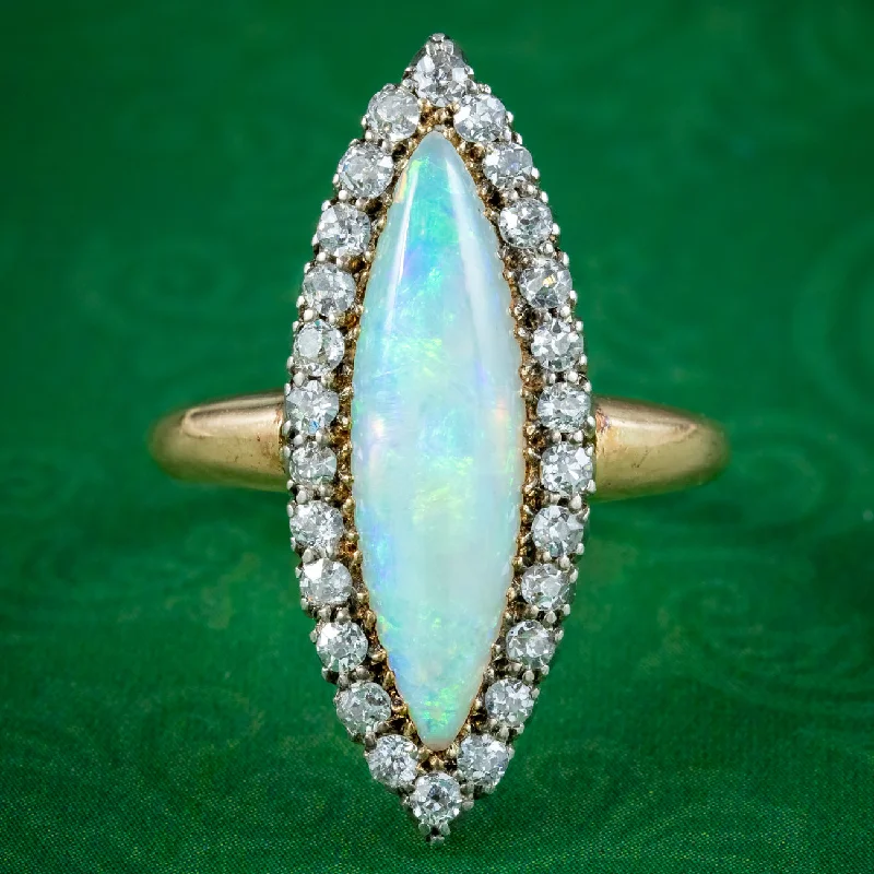 Spinel gem rings-Antique Victorian Opal Diamond Navette Cluster Ring 2.3ct Opal