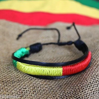 Luxe stone bangles-Rasta Leather Wrist Bracelet Threaded Cuff  Hawaii Surfer Irie Reggae Marley RGY