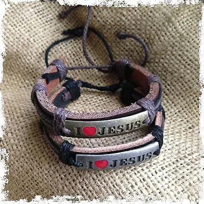 Bold cuff bangles-I Love Jesus Bracelet Cuff Adjustable Fit Draw String Jesus Christ Leather 1SZ