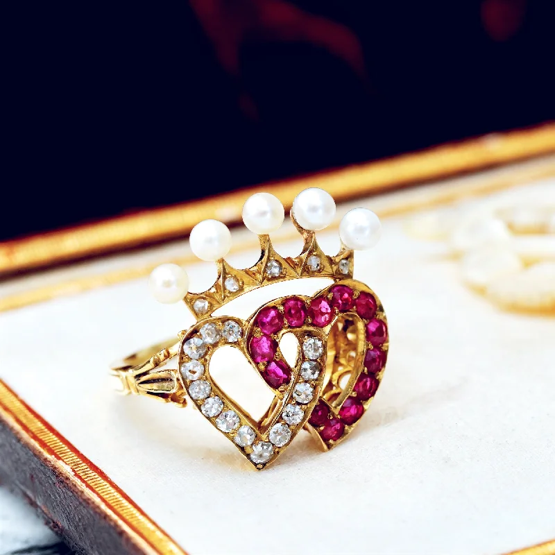 Luxe diamond rings-Extravagant Antique Crowned Ruby & Diamond Hearts Ring