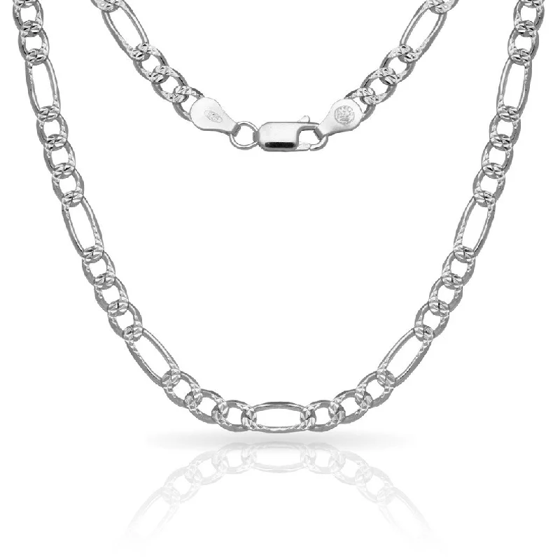 Sterling Silver Men's Italian 6mm Pave Figaro Chain Necklace (18'-30") - White