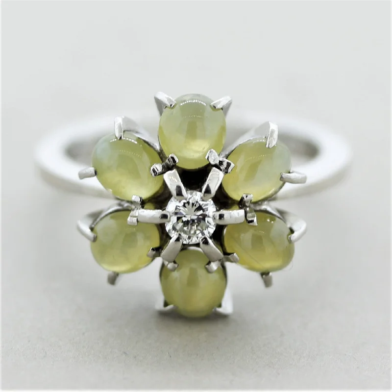 Linen thread rings-Estate Cat’s Eye Chrysoberyl Diamond Platinum Flower Ring 3.08CTW