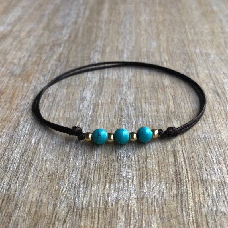 Elastic cord bangles-New Smyrna Turquoise Bead Anklet Gold Accents Brown Cord