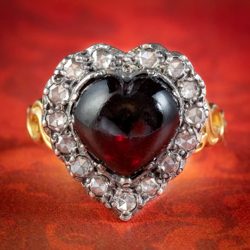 Moonstone birthstone rings-Victorian Style Garnet Diamond Heart Ring Silver 18ct Gold 4ct Garnet 1ct Of Diamond