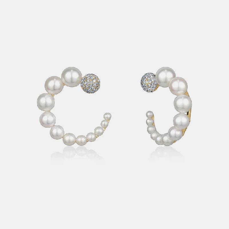 Whimsical pair earrings-Graduated Pearl Hoops with Diamonds