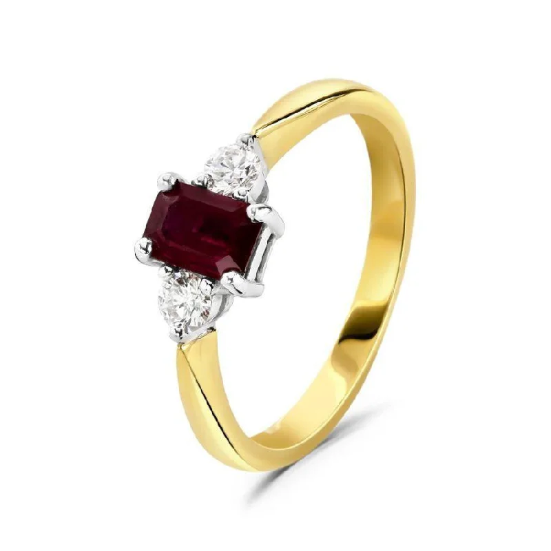 Bow design engagement rings-18ct Yellow Gold Octagonal Cut Ruby & Round Brilliant Cut Diamond Trilogy Ring