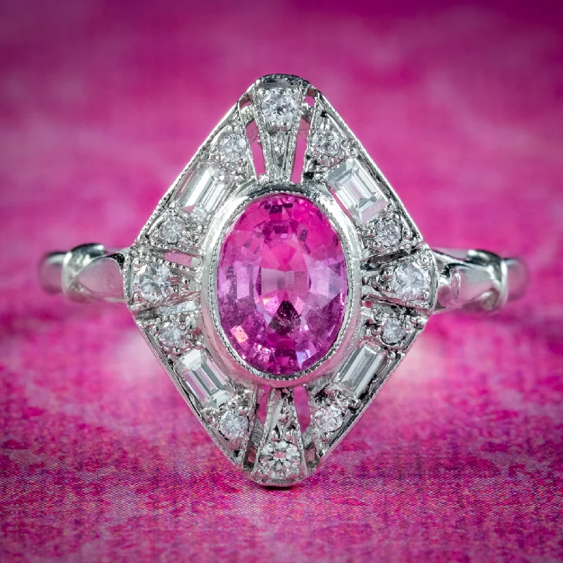 Wide geometric rings-Art Deco Style Pink Sapphire Diamond Cluster Ring 1.20ct Sapphire