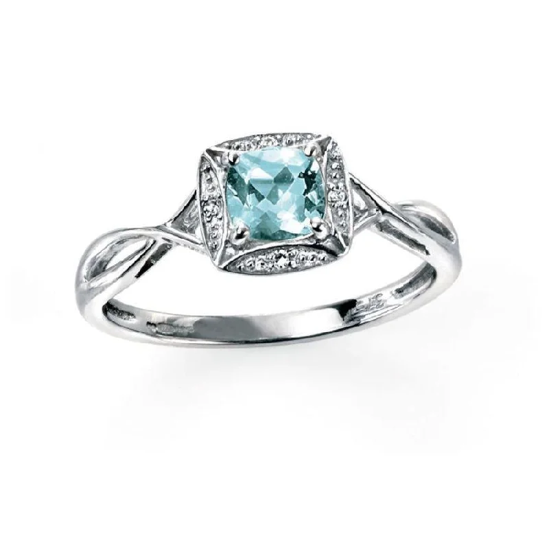 Topaz gem engagement rings-9ct White Gold Round Cut Aquamarine & Square Shaped Diamond Halo Twist Ring