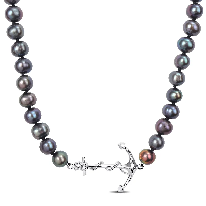 Miadora 7-7.5mm Black Cultured Freshwater Pearl Men's Necklace with Sterling Silver Anchor Charm