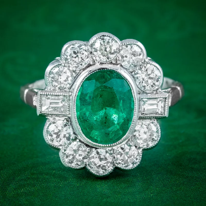 Moonstone birthstone rings-Art Deco Style Emerald Diamond Cluster Ring 2ct Emerald