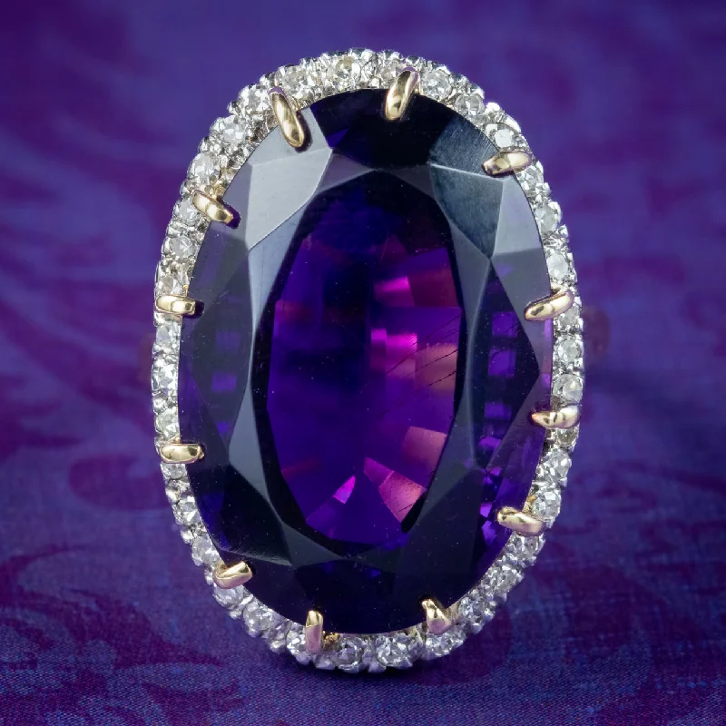 Hand-polished rings-Vintage Amethyst Diamond Cocktail Ring 15ct Amethyst