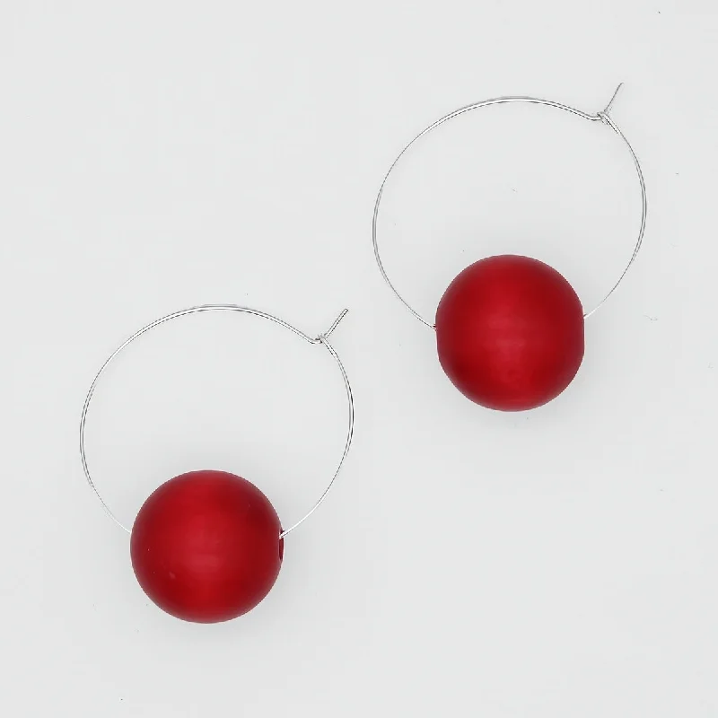 Sapphire gem earrings-Red Ball Hoop Dangle Earring